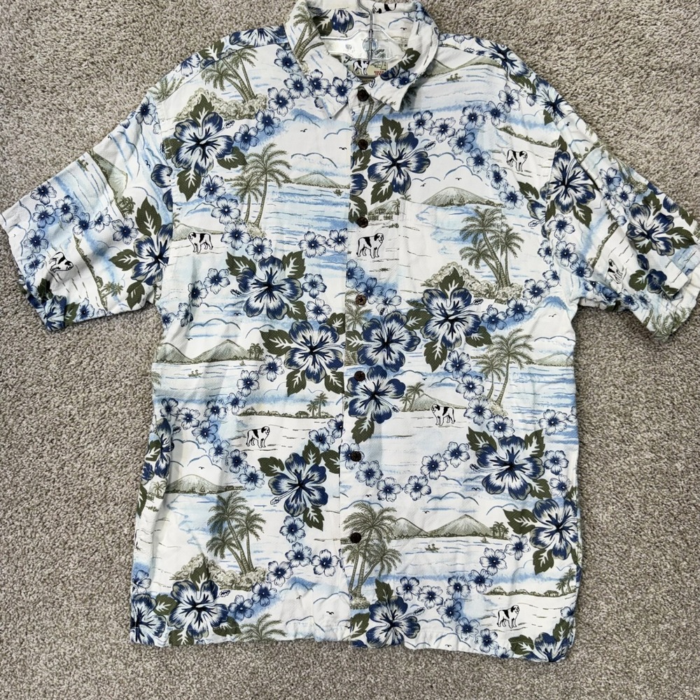 Big Dogs Shirt Mens Large Hawaiian Tropical Blue White Floral Button Down EUC